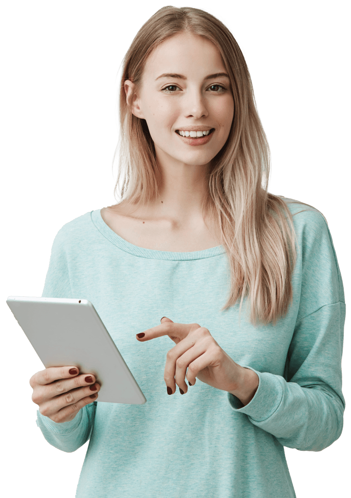 About 4 Woman standing up with a tablet in her hand